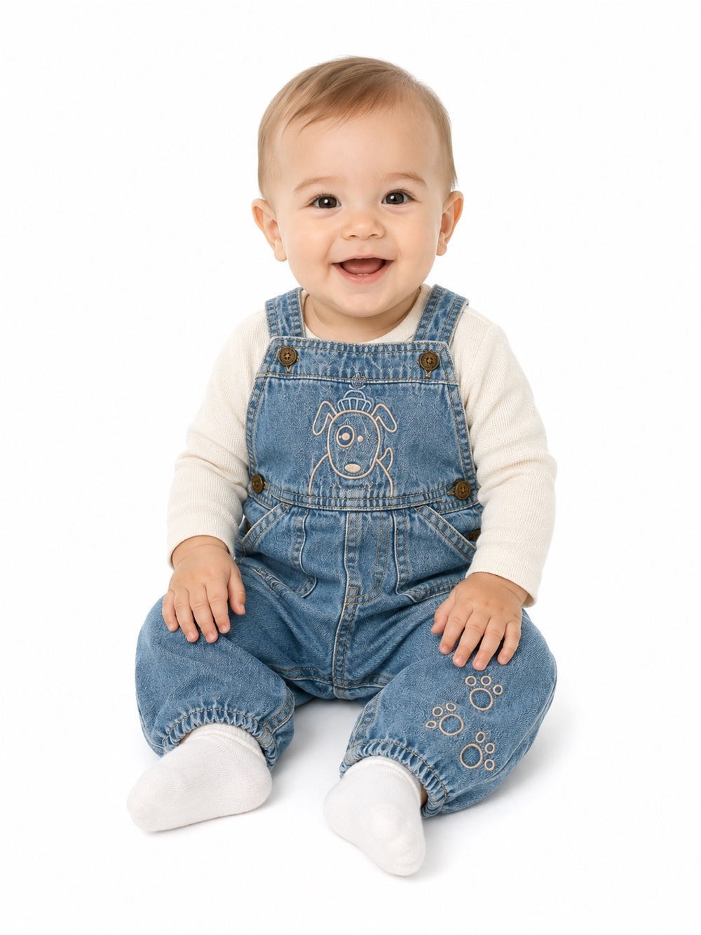 Vintage Oshkosh Baby Denim Overalls with Embroidered Puppy - Blue